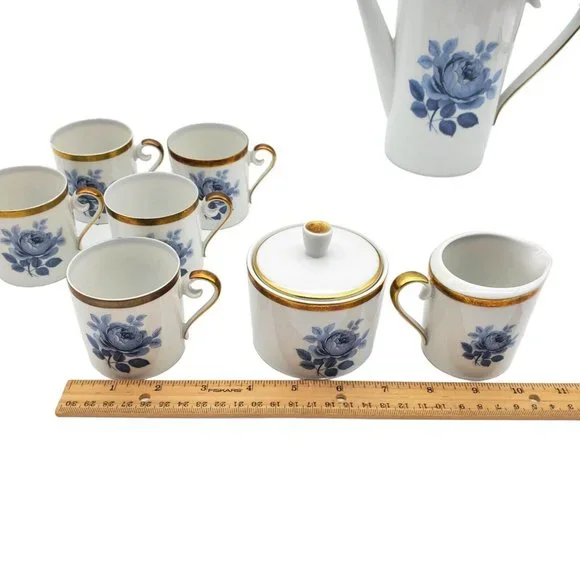 1940s Hackefors Porslin Sweden Coffee‎ Pot Teapot Set Demitasse Blue Floral Gold